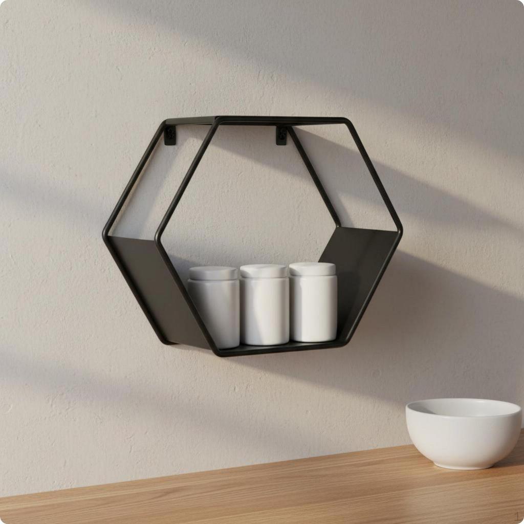 Hexagon Wall Shelf Geometric Crafted Metal Hanging Easy to Home Storage for Bedroom,