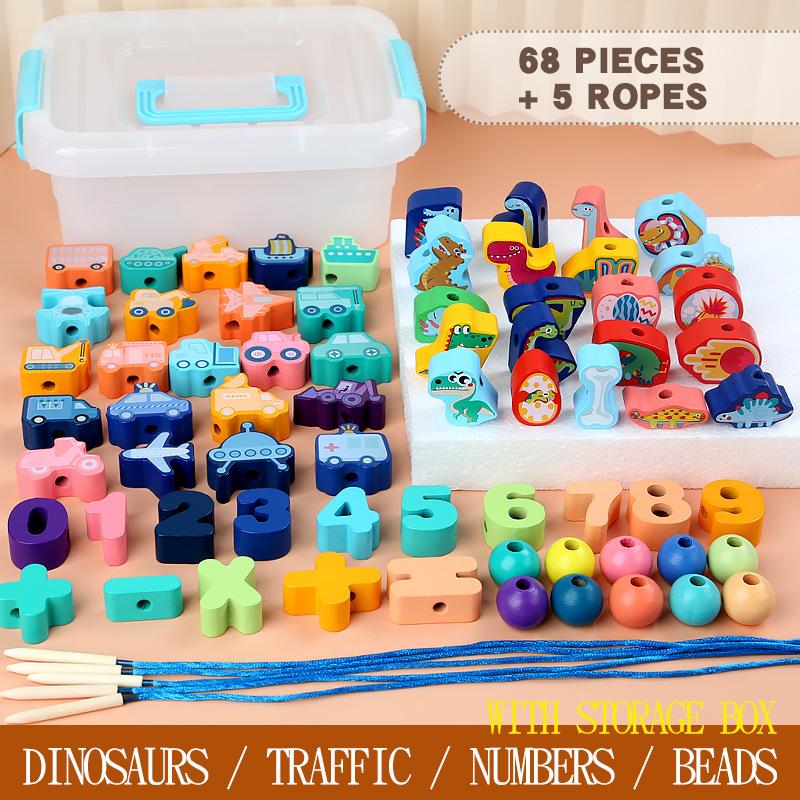 Wooden Dinosaur Beaded Rope Toy, Children DIY Baby Early Education Educational Beads Large Particle Building Block
