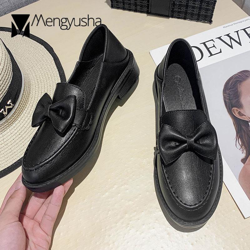 Preppy Girls Bowknot Oxfords Women Slip On Loafers Retro Small Leather Shoes Woman Winter Plush Round Toe Warm Plush Flats 34-41