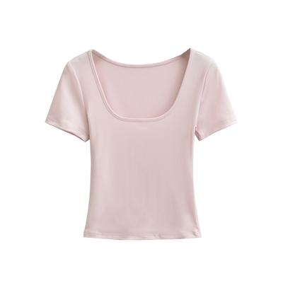Driepunts hals korte mouw T-shirt dames zomer nieuw Amerikaanse Spice Girl stijl effen kleur slank vallend en dun basis topje