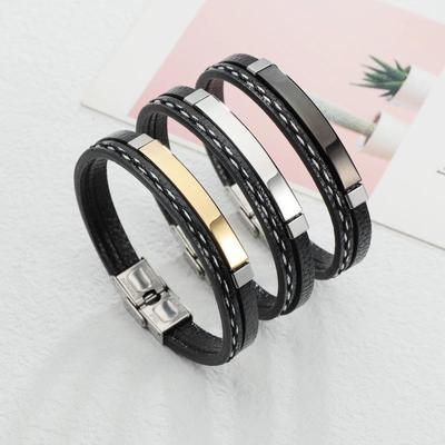 Retro Couples Leather Bracelet with Stainless Steel Charm