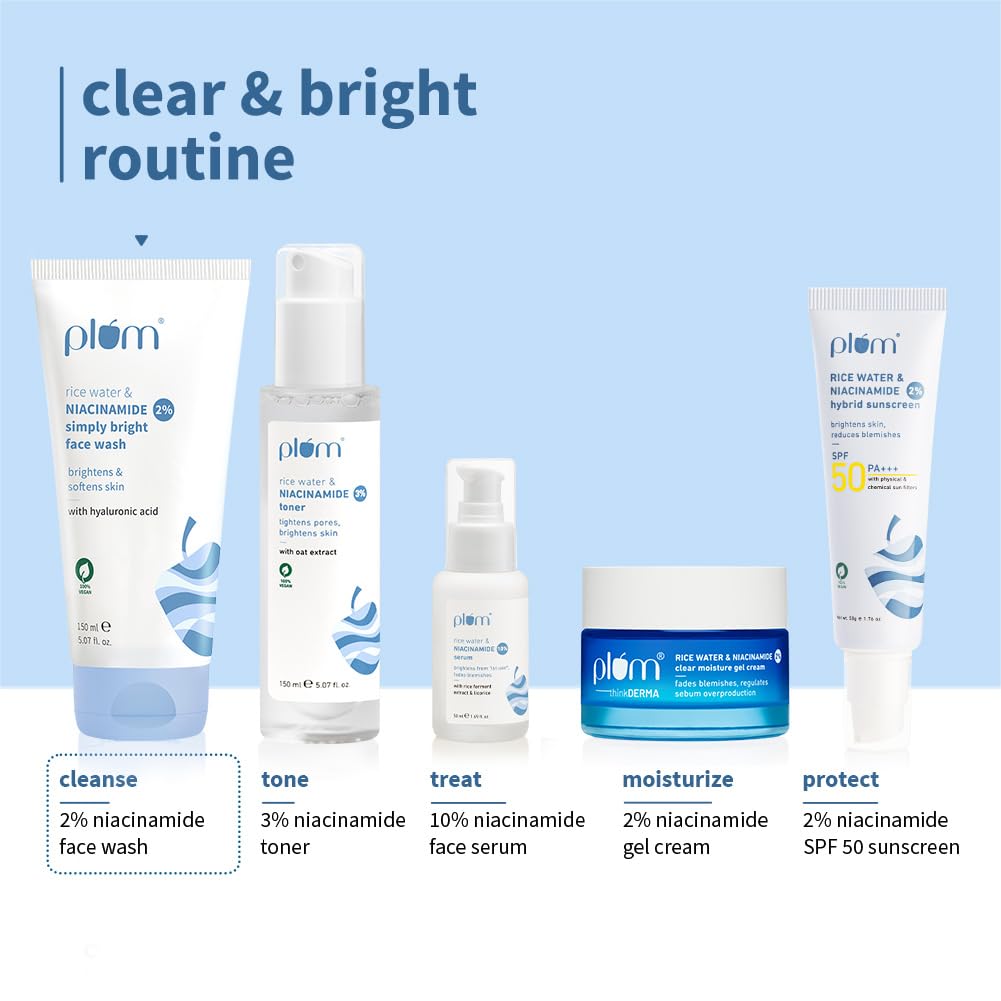 Plum Simply Bright 2% Niacinamide Face Wash with Rice Water for Gentle Daily Cleansing 150ml Pack of 1