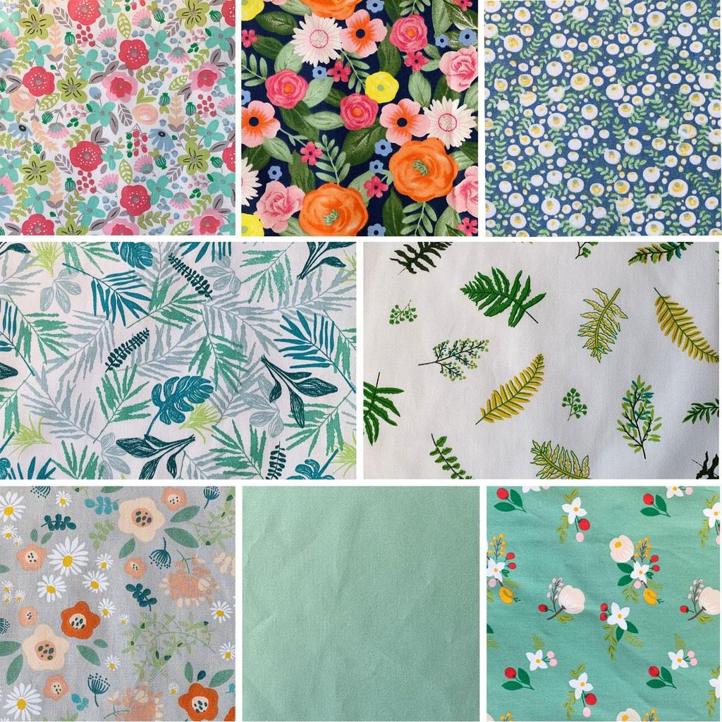 Floral Fabric Patchwork Cutting Nordic Cotton for DIY Green 8-Piece Set, 50x40cm, Fabric, Cloth, Scraps, Crafts,