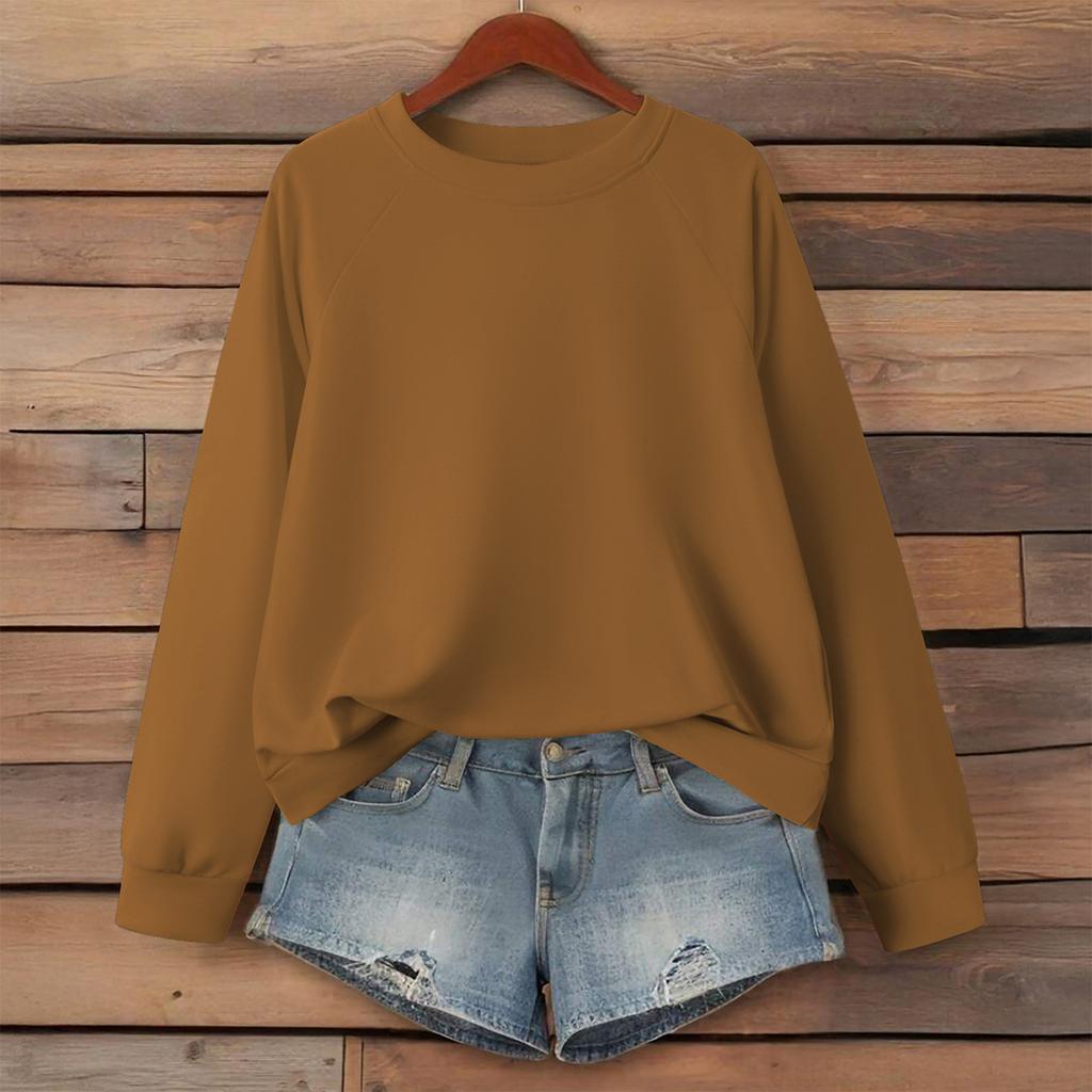 Women's Fashionable Solid Color Round Neck Long Sleeved Sports Casual Pullover Sweatshirt Top