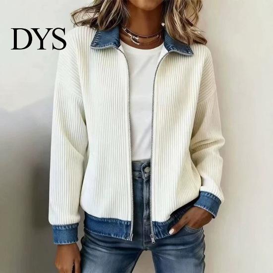 Spliced Denim Coat Damska Kurtka Zapinana na Zamek Sztruksowa, Długi Rękaw Casualowy Płaszcz, Kontrastowy Kolor Ubrania Kurtka Jesień Zima z Kołnierzem Klapowym Luźna