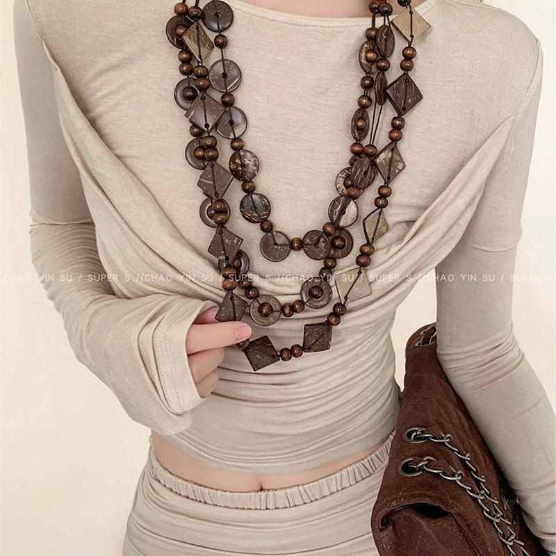 Vintage Bohemian Ethnic Style Multi-layer Beaded Coconut Shell Necklace Female Design Sense High Temperament Collarbone Chain