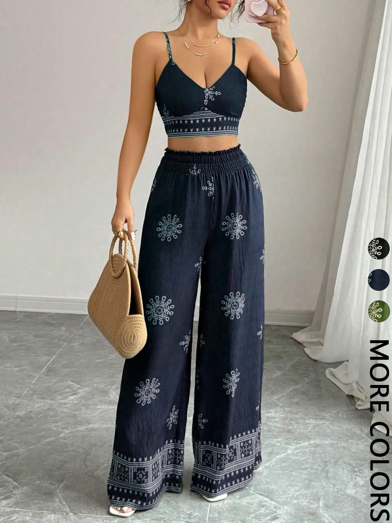 

Women s Summer Printed Sling Wide-Leg Suit Large (L)