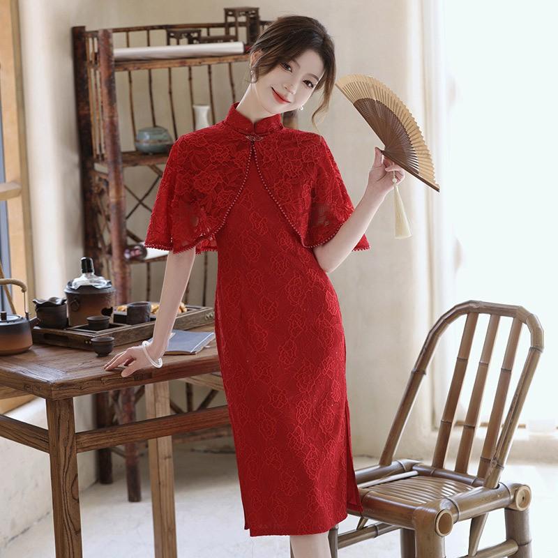Elegant Red Lace Cheongsam Dress Wedding Banquet Bridesmaid Engagement Party Chinese Style Formal Gown Medium