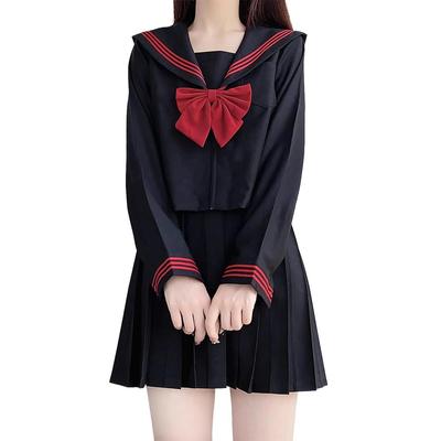 GSYCL Sailor Long Short Red Set for High School JK Top and Bottom Halloween School Plus Cute Sleeve Uniform, Black, Sleeve, Sleeve, Bow, 3-Piece