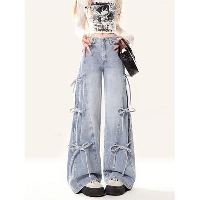 Bow Lace-up Jeans for Women Fall New American Retro Everything Loose Wide Leg Mop Long Pants Ins