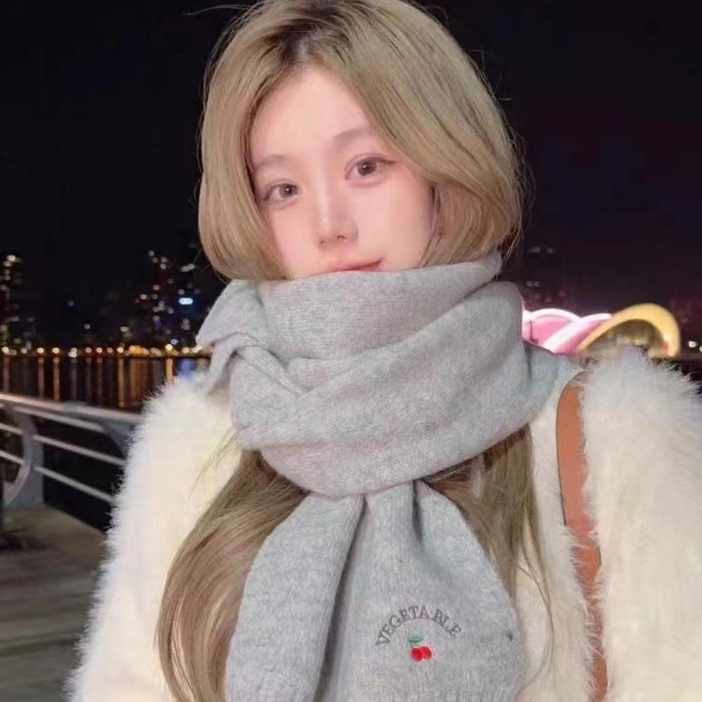 Solid Color Cartoon Thick Shawl Polyester Long Scarf Cute Cherry Knitted Scarf  Girls