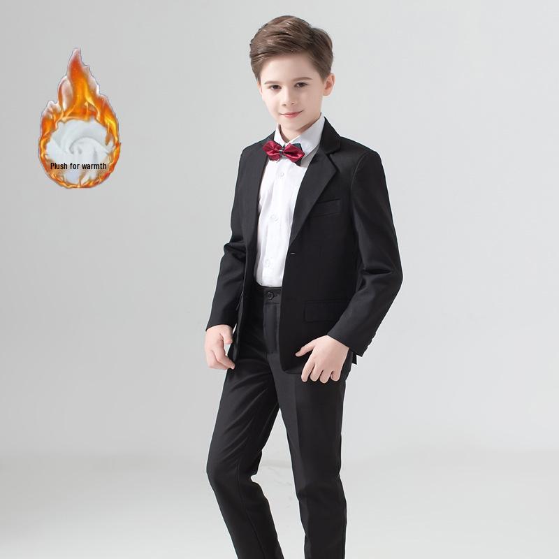 Boy's Formal Ensemble: Fleece White Shirt, Black Suit Pants, Vest, Page Boy Overalls, Performance Costume