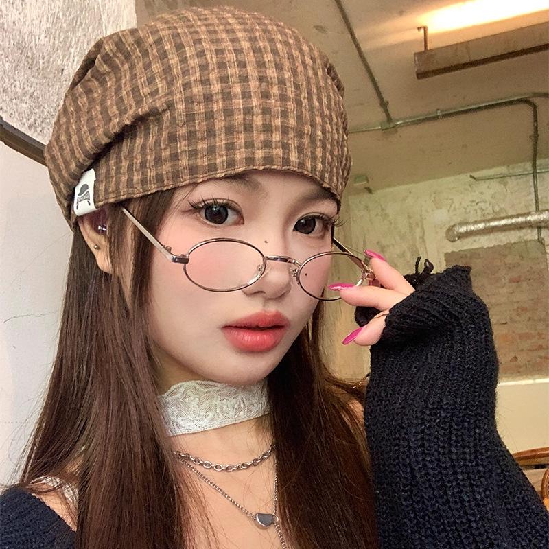 Double-sided Suede Polished Headscarf Hat Women's Autumn and Winter Literary and Retro Plaid Headgear Stacking Hat Cold Hat