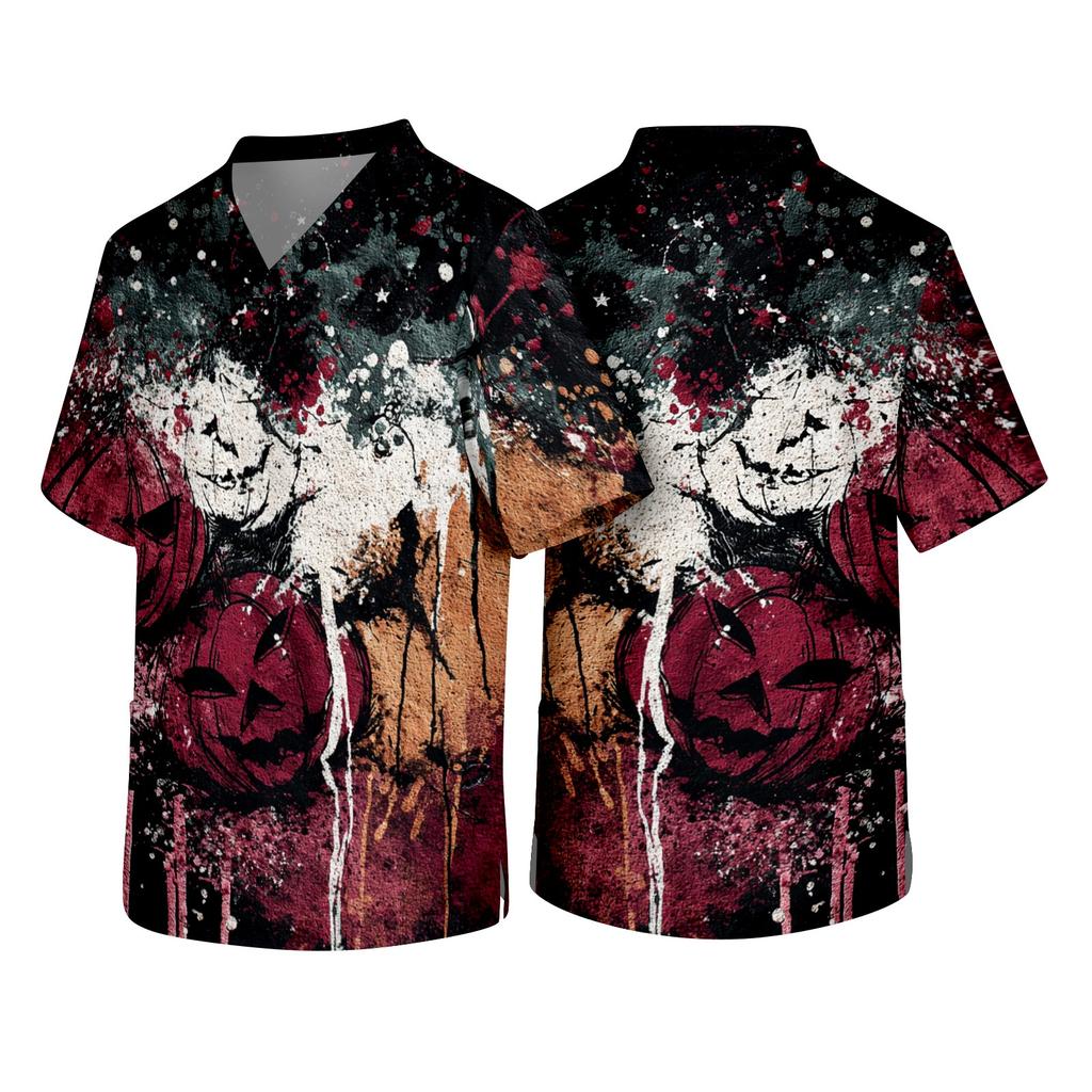 Men's V Neck Short Sleeve Halloween Print Medical Scrub Top with Chest Pocket and Two Lower Pockets Suitable for Healthcare Professionals