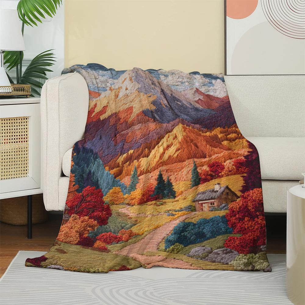 Autumn Mountain Embroidery Style Flannel printed blanket suitable all seasons suitable for living room office sofa and travel