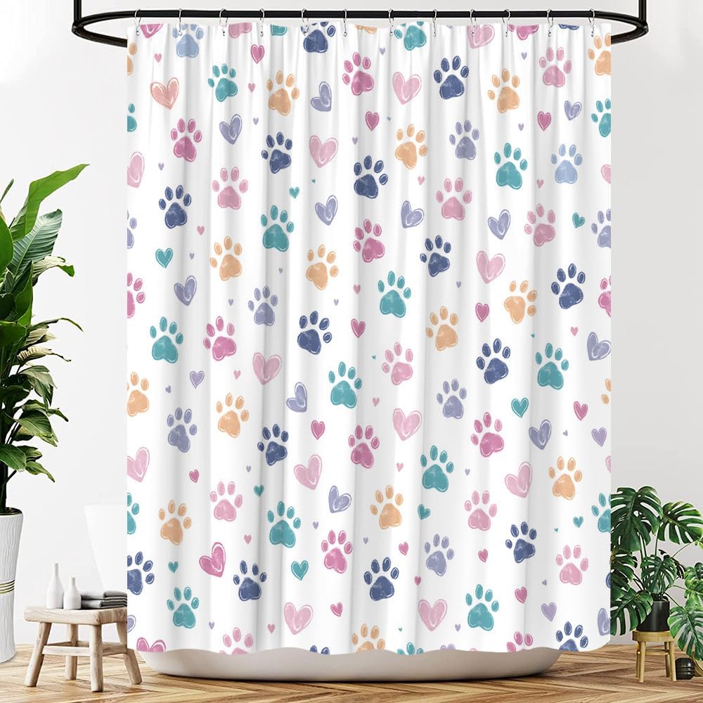 Cat Dog Paw Print Shower Curtain Cute Colorful Animal Pet Paw Print Fabric Bathroom Decor Curtains with Hooks, 70" Wx70 H