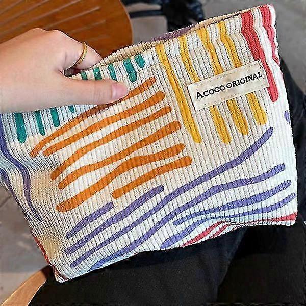 Colorful Stripes Corduroy Cosmetic Bag Portable Travel Aesthetic - Makeup Organizer Pouch