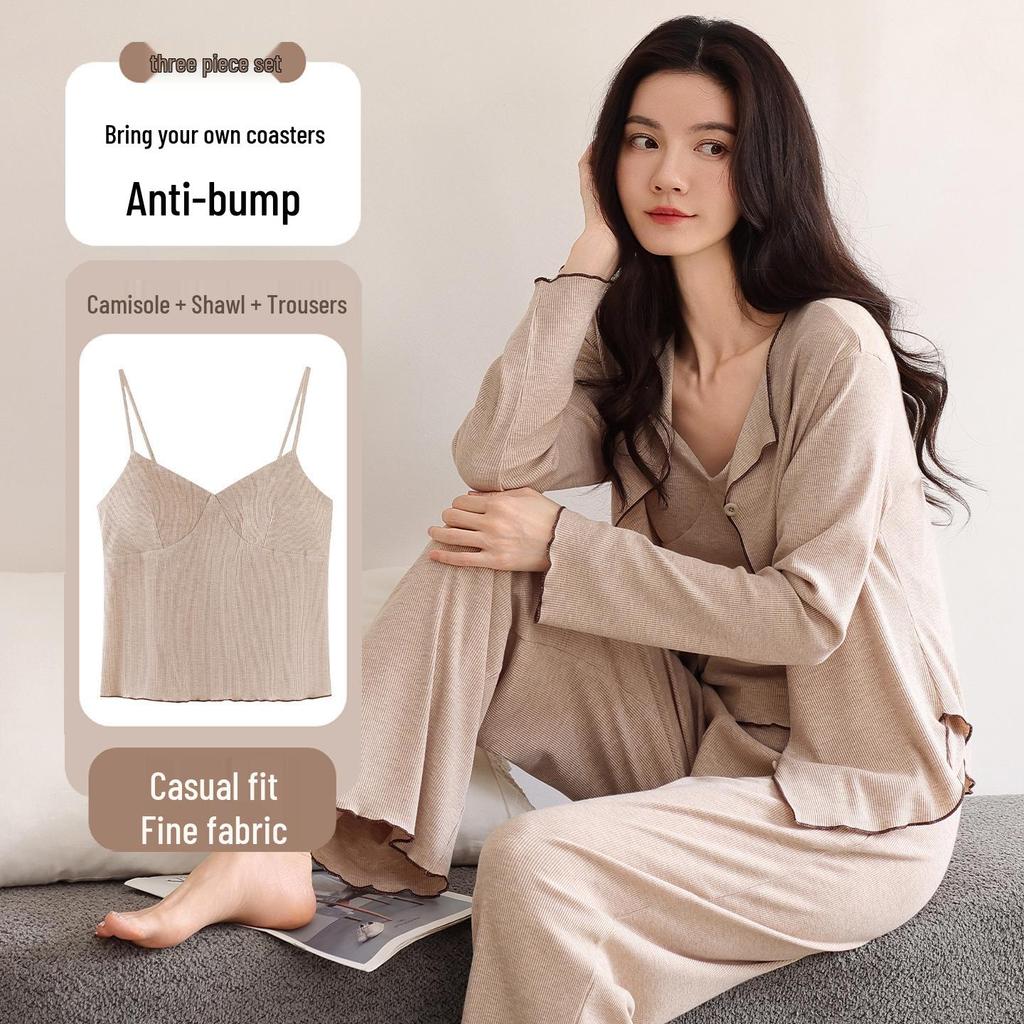 Women's Modal Long Sleeve Pajama Set with Bra Pads, Camisole, and Pants, Fall/Winter 3-Piece Set, Suitable for Outdoors.
