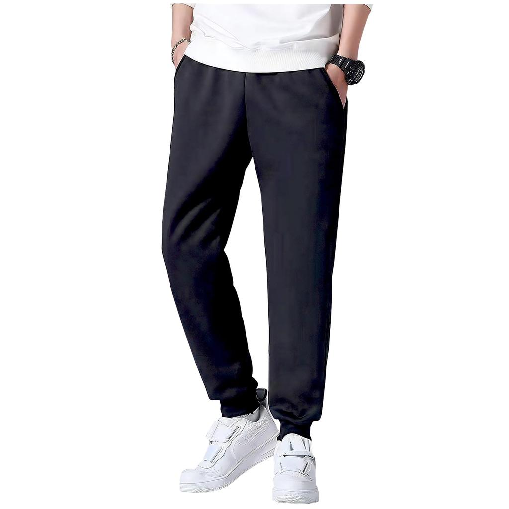 Easy Outdoor Elastic Fleece Warm Thermal Solid Winter Jogger Ribbed Brushed Black X-cross Men's Pants, Fall/Winter, Fleece-Lined, Black, Lightweight,