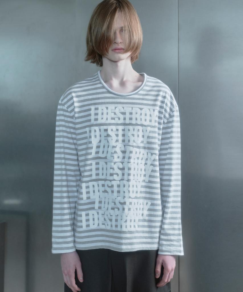 Kilyu I Destroy Stripe Long Sleeve T-Shirt_Melange Gray