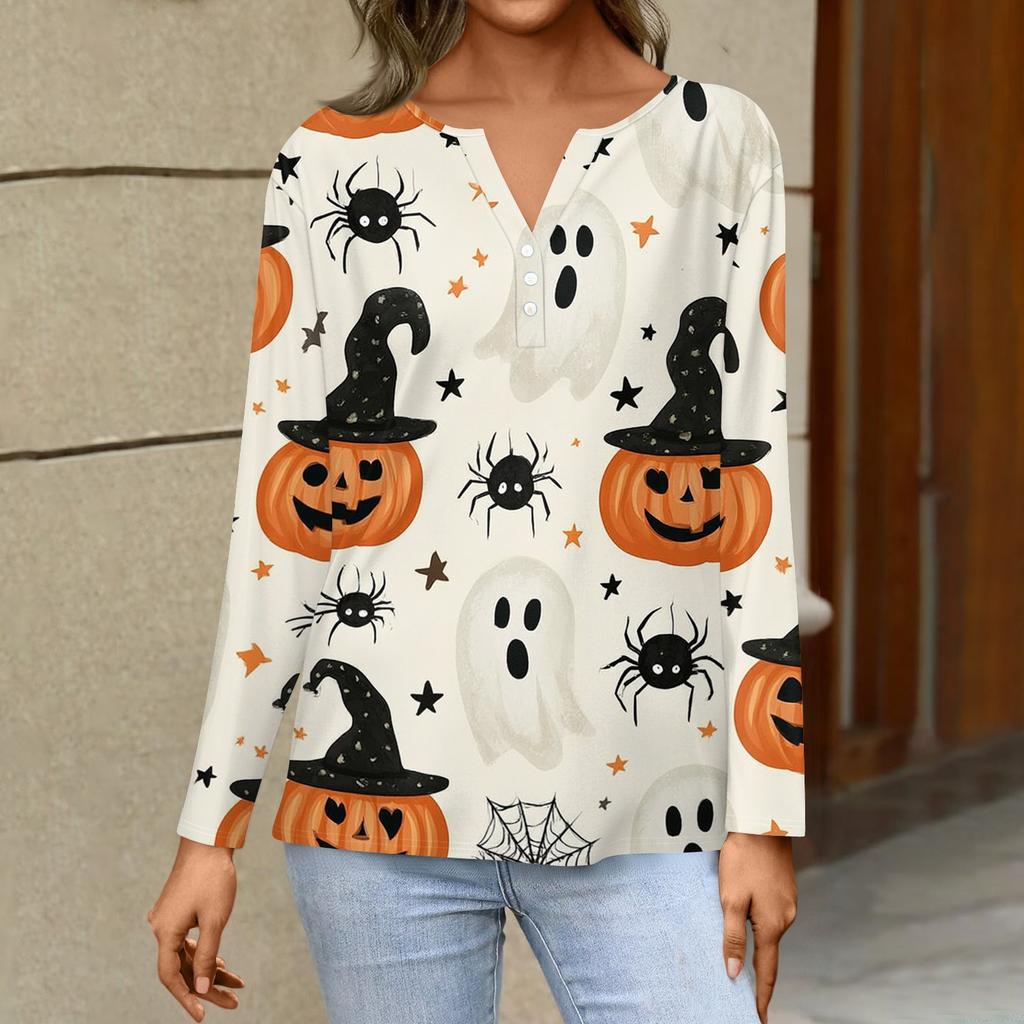 Womens Casual Long Sleeve V Neck Button Down Top Halloween Print Pullover Shirt Lightweight Comfortable Fit