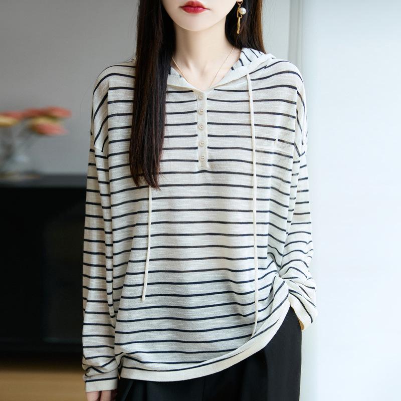 Early Autumn New Style Women's Color-blocked Striped Buttoned Base Layer Top, Hooded Long-sleeved Knitted Sweater