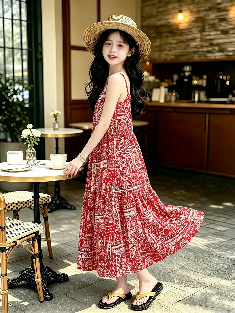 French Luxury Vacation Style Camisole Dress for Teenagers, Bohemian Floral Beach Casual Long Dress