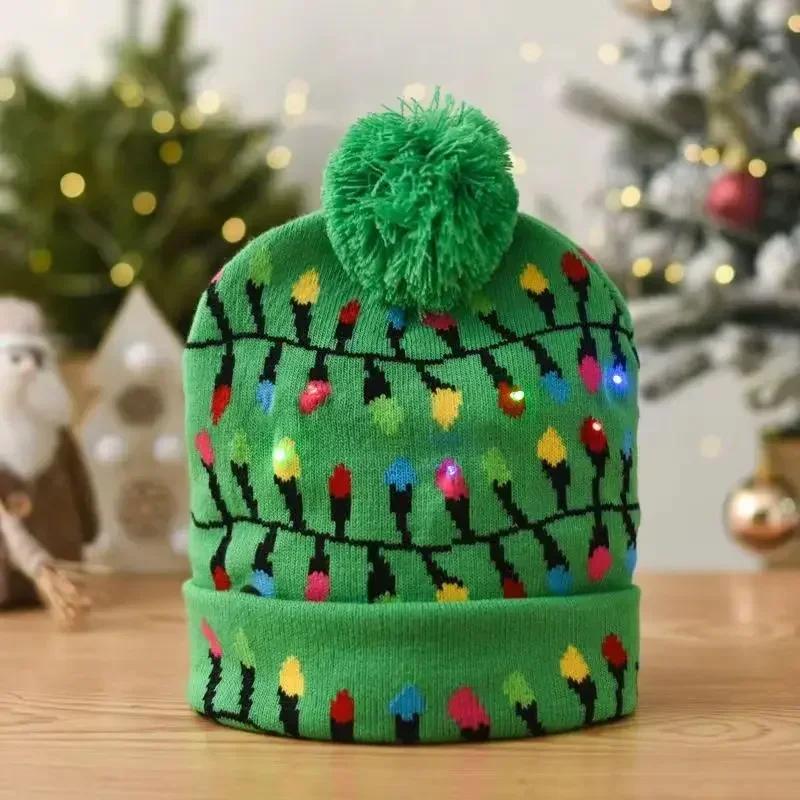LED Light Christmas Hat Xmas Knitted Hats Warm Winter Cap New Year Featival Party Decoration Christmas Gift for Kids Adults