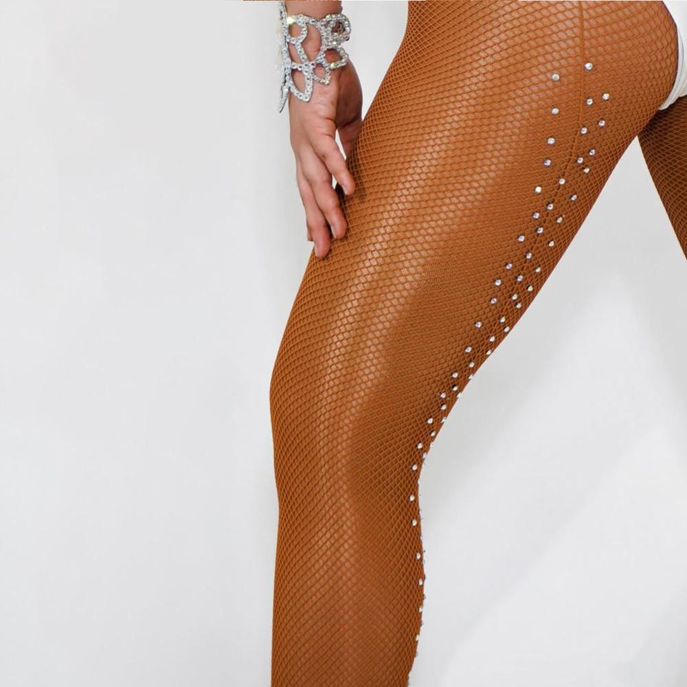 Strass Latein Strumpfhosen Damen Professionelle Netzstrumpfhosen Standard & Latein Tanz Hartgarn Elastische Strümpfe Rücken Naht Strumpfhosen One size brown