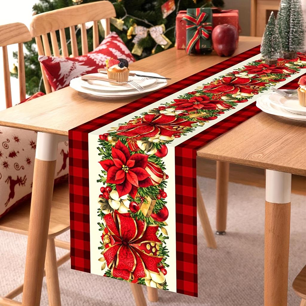 Christmas Poinsettia Flowers Linen Table Runner Holiday Party Decor Winter Xmas Kitchen Dining Table Runner Christmas Decoration