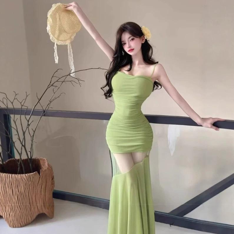 Spice Girl Pure Desire Mesh Splicing Suspender Dress New Waist Thin Pleated Temperament Fishtail Long Dress Female Summer