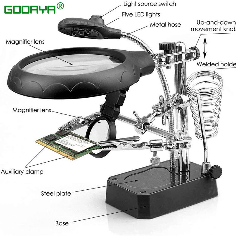 Welding Magnifying Glass LED Light Auxiliary Clip loupe Magnifier 3 In1 Hand Soldering Solder Iron Stand Holder Station