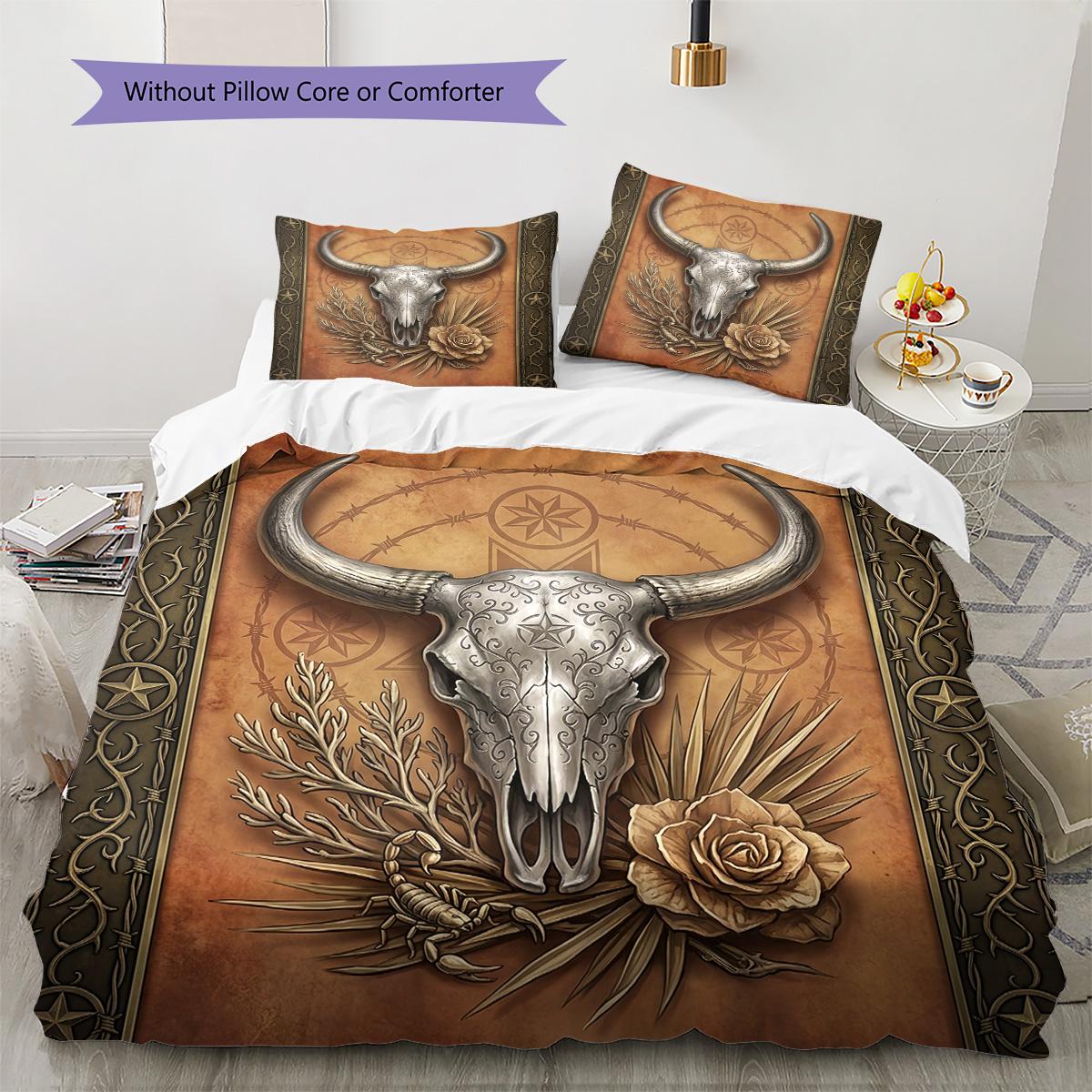 

Western Bull Skull Pattern Bedding Set Quilt Cover Pillowcase Home Decor Gift (1 * duvet cover + 2 * pillowcase, without core) 135x200cm