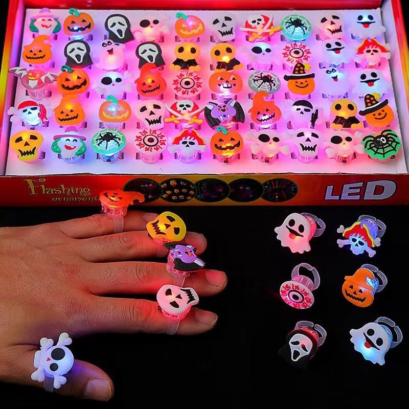 50PCS LED Luminous Halloween Rings Creative Pumpkin Ghost Skull Glowing in Dark Rings For Halloween Party Decoration Supplies