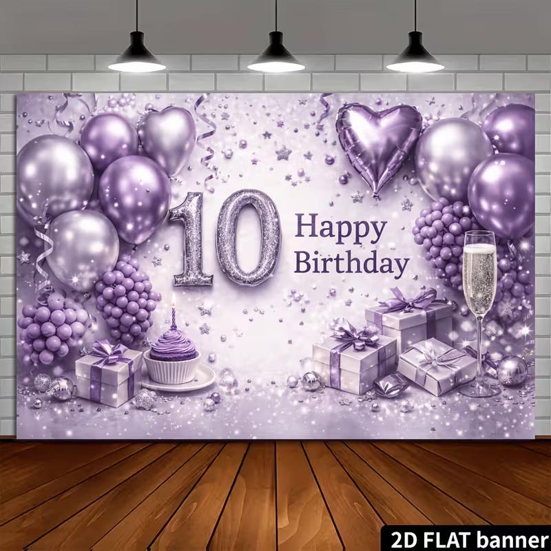 2D 10. Geburtstag Lila Silber Hintergrund Glitzer Ballon Cupcake Foto Banner
