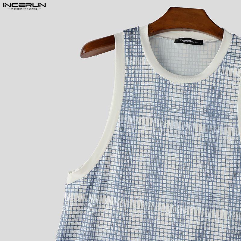 INCERUN Men Sleeveless Plaid Print Casual Sport Athletic Long Tank Tops Vest