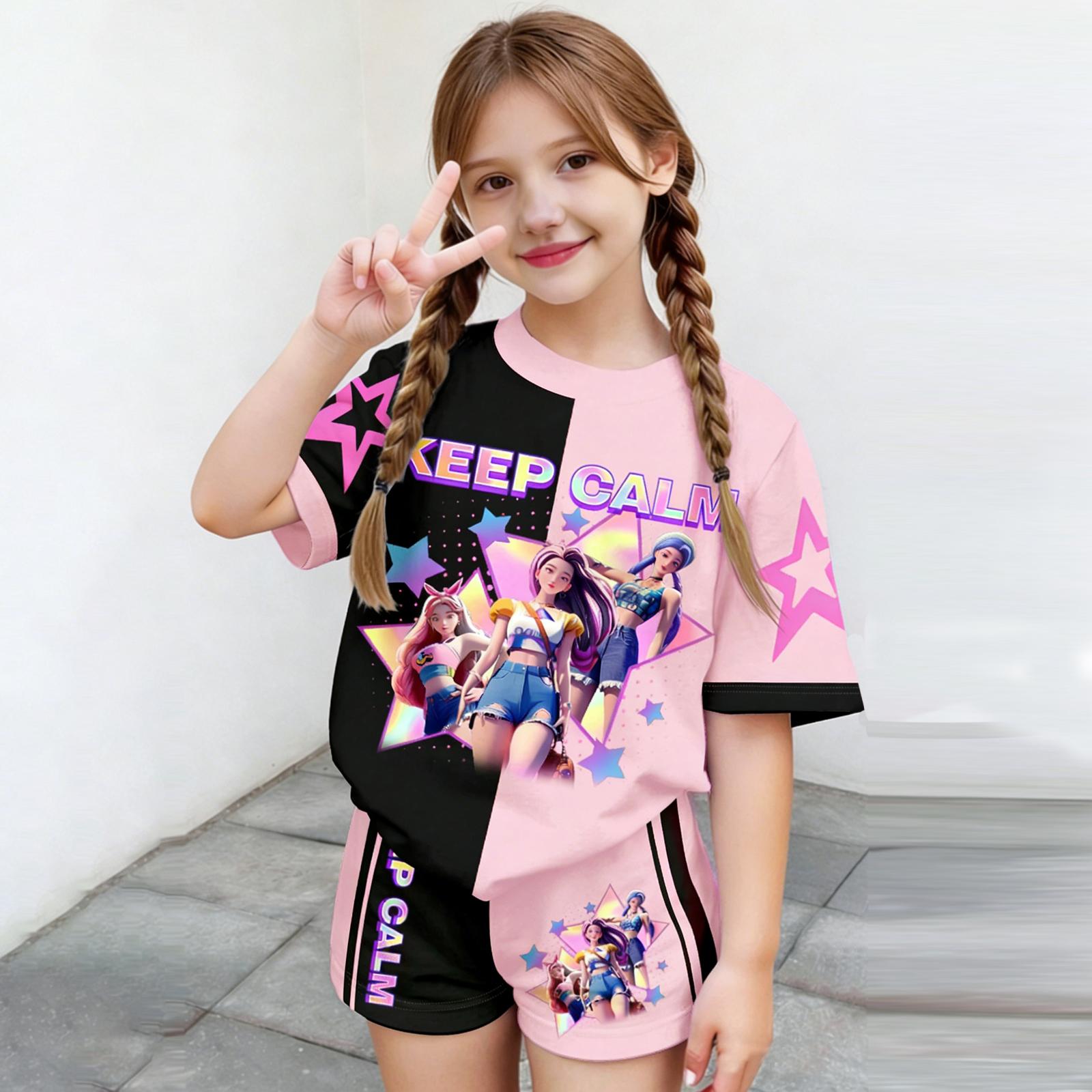 

Children s Casual Short-sleeved Printed Short-sleeved Top And Shorts Two-piece Set 150 рожевий