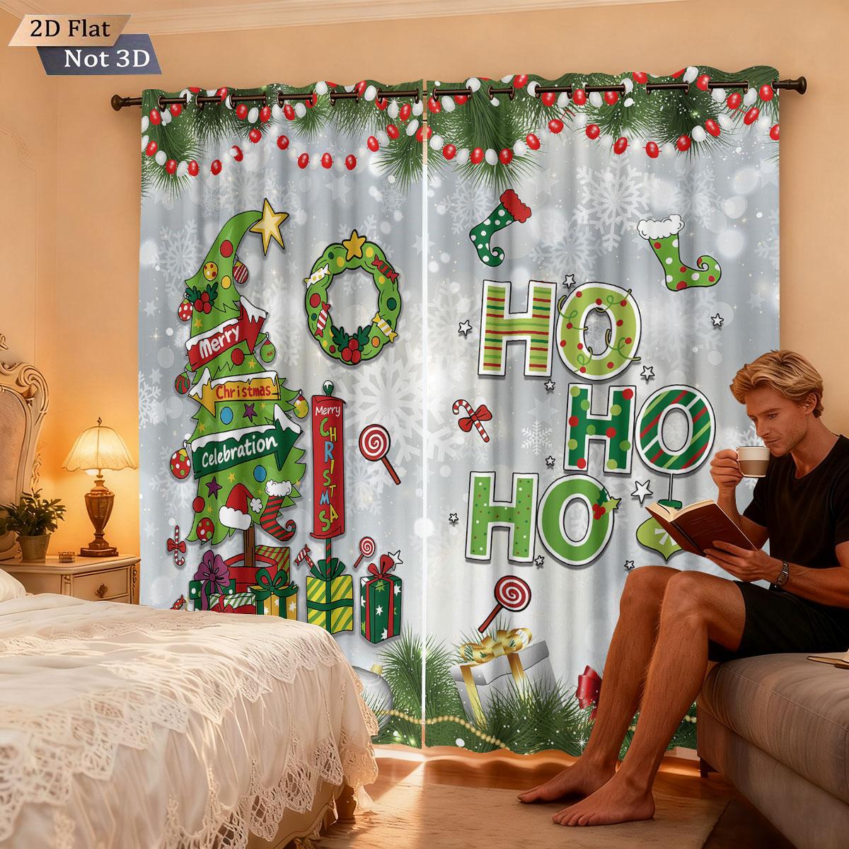 

Blackout Cartoon Christmas Tree Ho Element Print Perforated Curtain Various Size Living Room Bedroom Insulation Decoration Set Of 2 Made Polyester W100*H70(CM)-Grommet top&2PCS