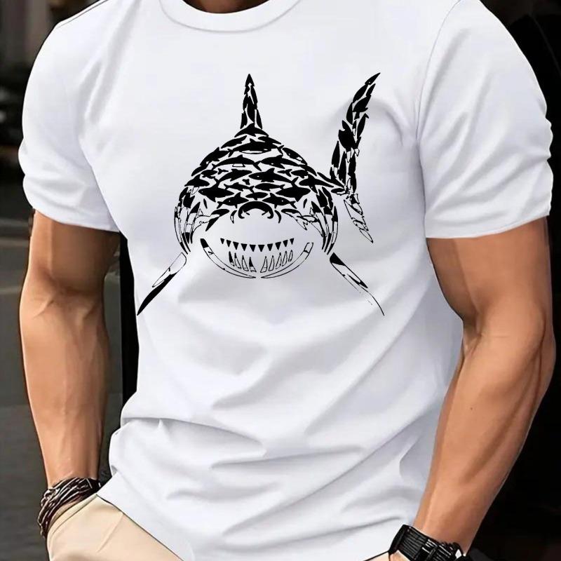 Men's pattern T-shirt white, bold shark design