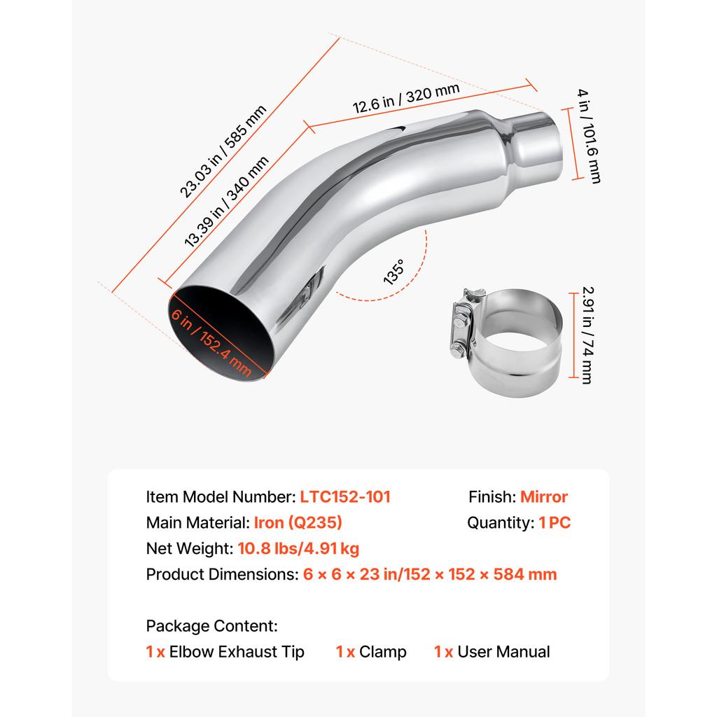 SucceBuy Elbow Exhaust Tip Chrome Turn Down Exhaust Tip w/ Clamp for Truck Car Chrome Structure for High Temperature Resistance