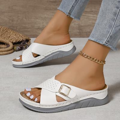 Mode 2024 Damen Keilsandalen Sommer Neu Einfarbig Überkreuzte Riemen Strandsandalen Outdoor Rutschfest Lässig Damen Plateau-Slipper