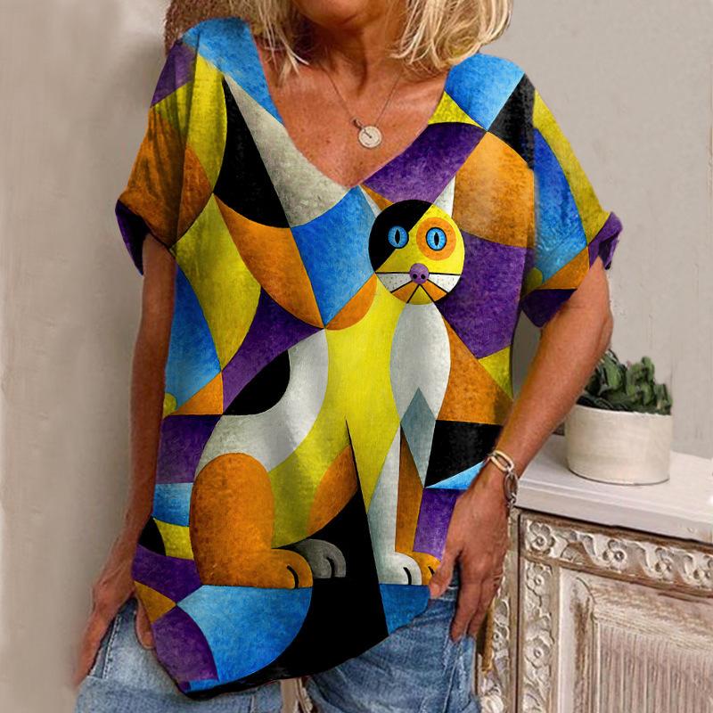 Sommer V-hals 3D Cat Printed Topp Fasjonable Casual Kortermede T-skjorter for kvinner