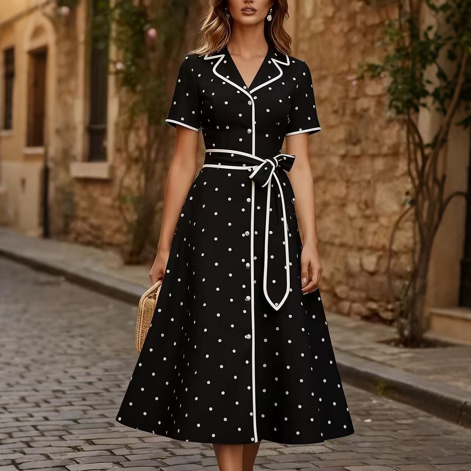 Women s Polka Dot V Neck Button Front Dress with Waist Tie Short Sleeve Midi Dress Casual Elegant Style L чёрный