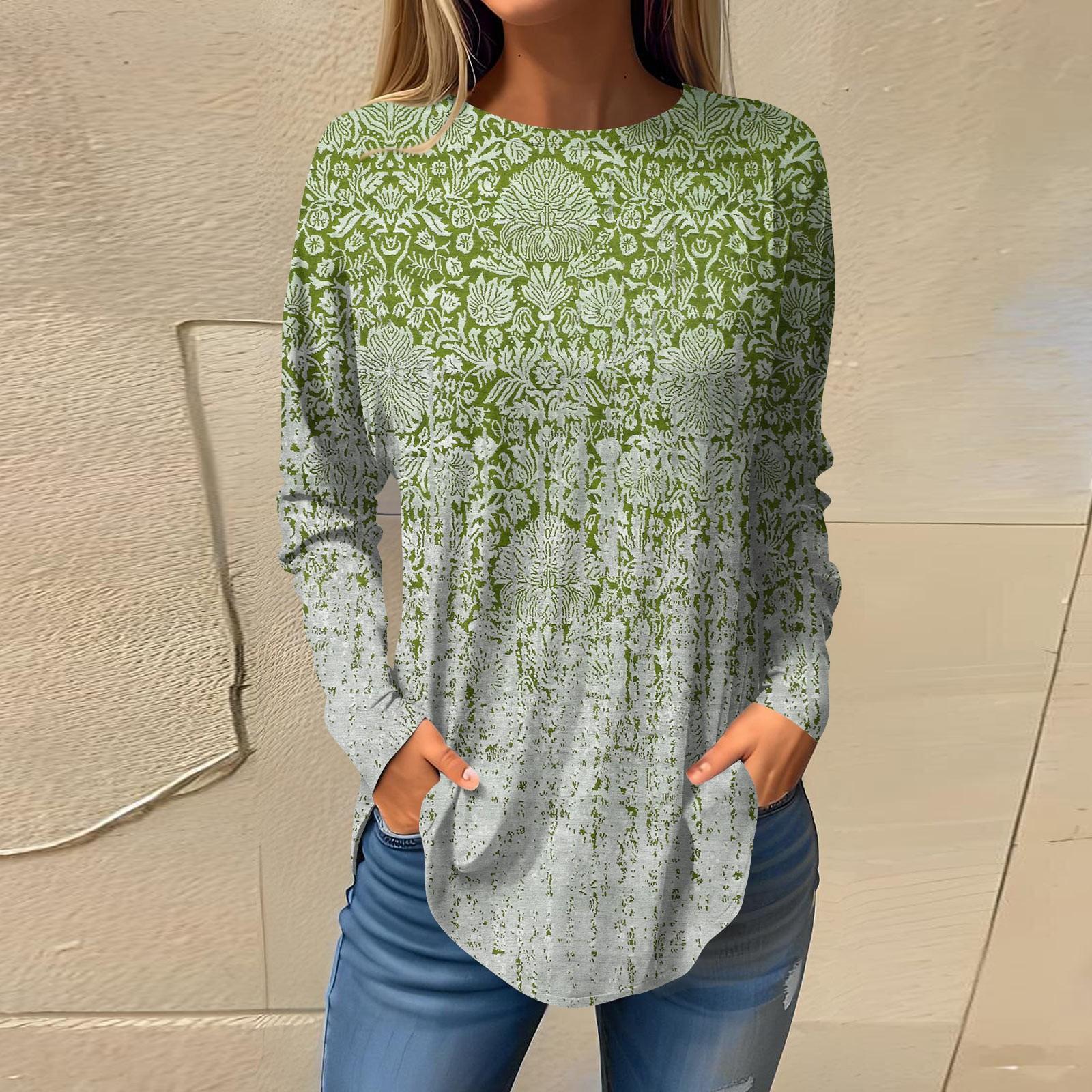 

Футболки для женщин, осенние повседневные рубашки с длинными рукавами, толстовка с ретро-принтом, топ, пуловер L армия зеленый