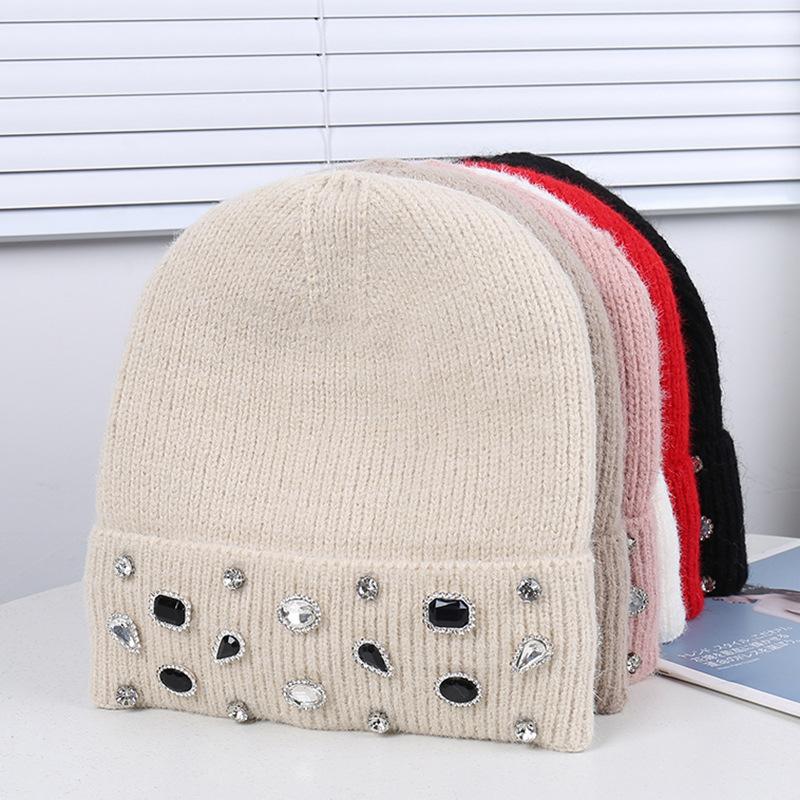 Source special-shaped rhinestone decorative knitted wool hat women's autumn and winter light luxury flanged velvet warm cold hat