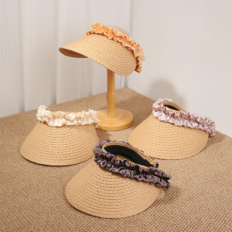 New pleated ribbon empty top sun hat women's spring summer weaving outdoor seaside sun protection and UV protection sun hat
