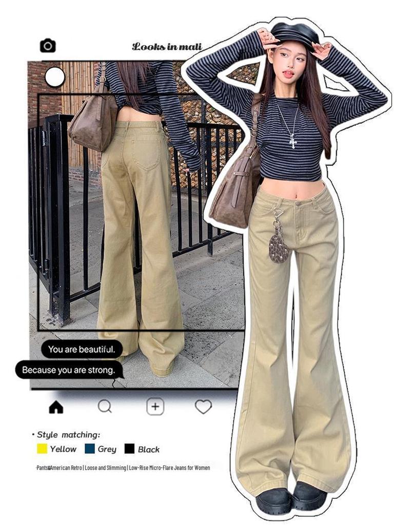 Women's Khaki Low-Waist Micro-Flare Jeans - 2025 Autumn/Winter Collection, Loose and Slimming Fit