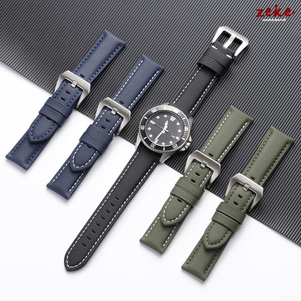 Universal Stitching Watch Band Durable Sailcloth & Leather Watch Strap 20mm 22mm 24mm 26mm Watchband Accessories Perforated Belt