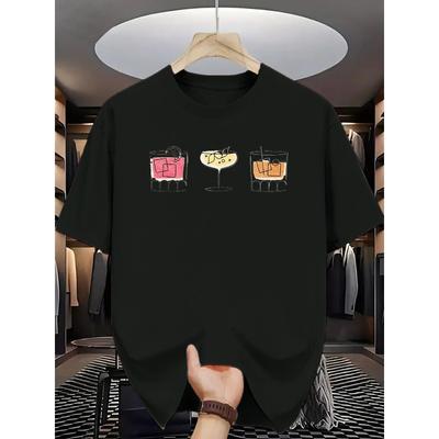 European Sizes Cocktail Art Print T-Shirt, a Fashionable Trend Essential for Bar Gatherings and Parties, Perfect for Young People