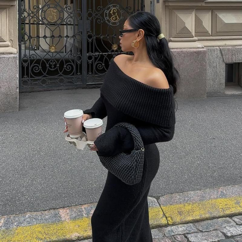Off Shoulder Casual Dress Knitwear Maxi Dress Female Slim Elegant Fashion Autumn 2025 Ribbed Knit Dress For Women Long Dress